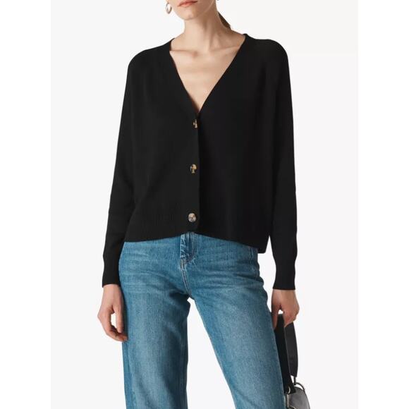 Whistles Women’s 3 Button Front Long Sleeve V-Neck Cardigan Sweater Size M Black - Picture 1 of 4